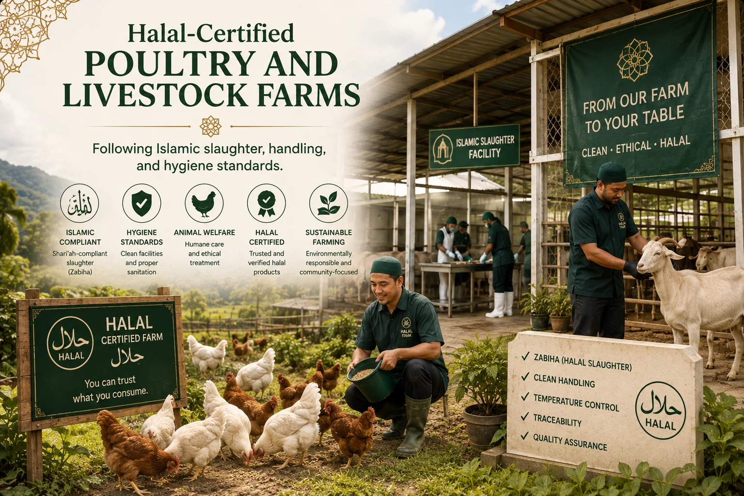 Halal-certified poultry and livestock farms — AI-generated illustration